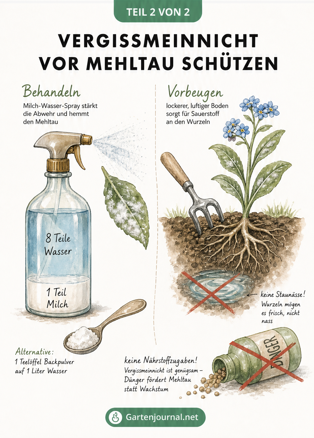 Zeichnung einer Sprühflasche mit Milch-Wasser-Gemisch und einer durchgestrichenen Düngerflasche neben einem Vergissmeinnicht.