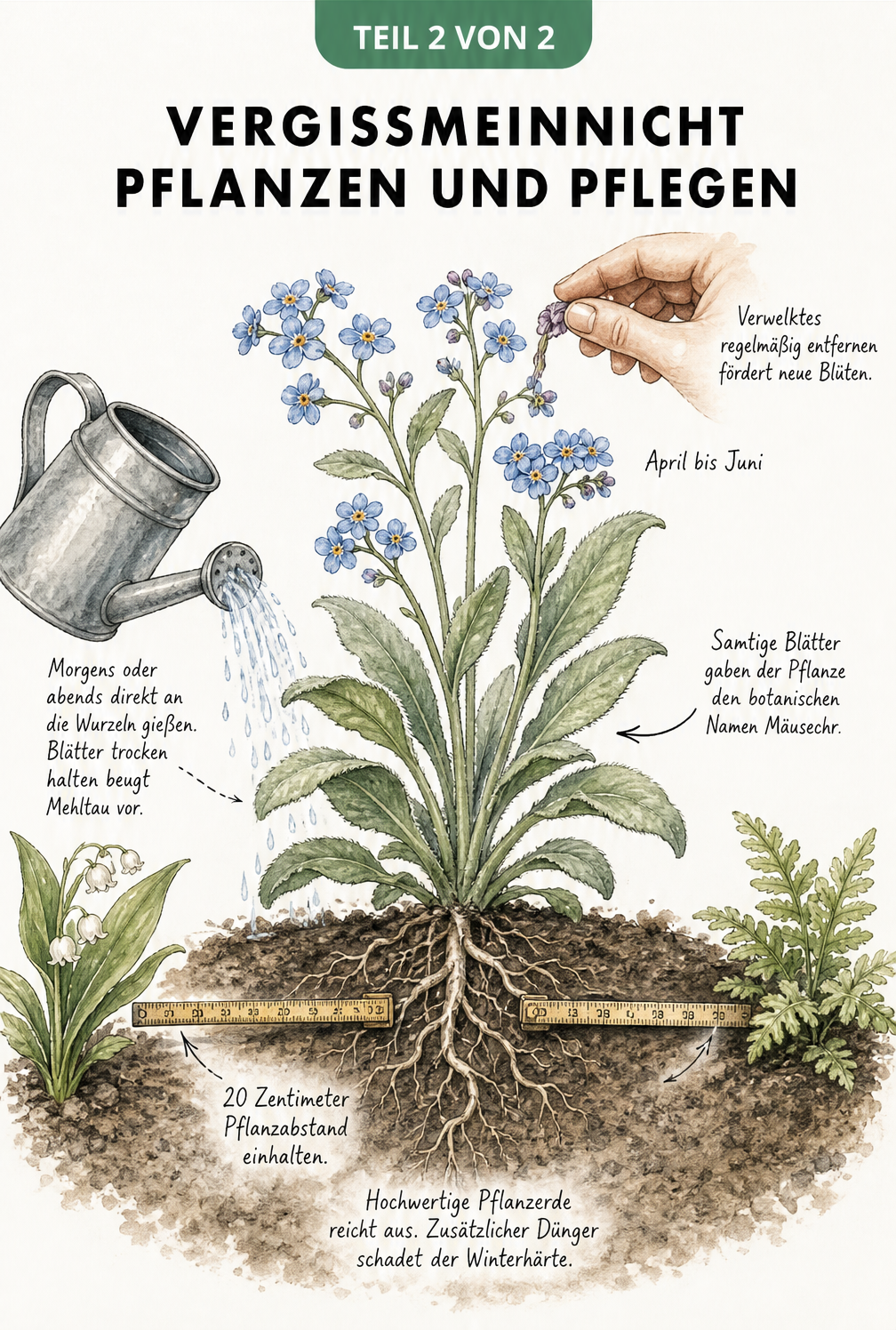 Botanische Illustration eines Vergissmeinnichts mit Tipps zu Pflanzabstand, Gießen, Düngen und Ausputzen
