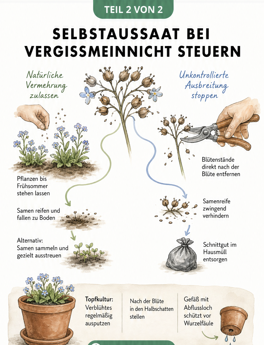 Schaubild zur Selbstaussaat von Vergissmeinnicht: Natürliche Vermehrung durch Stehenlassen der Blütenstände oder Ausbreitung stoppen durch rechtzeitigen...
