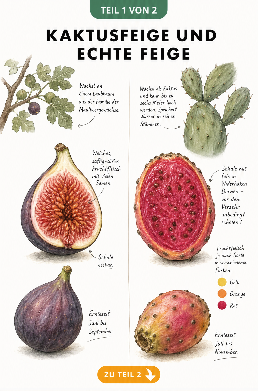 Botanische Illustration im Vergleich: Echte Feige und Kaktusfeige aufgeschnitten mit Hinweisen zu Schale und Erntezeit