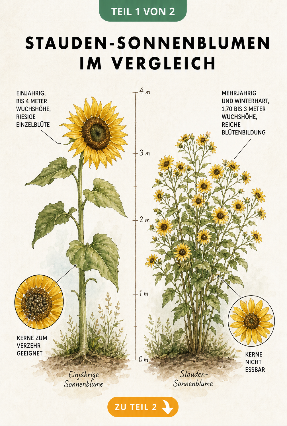 Botanische Illustration: Vergleich zwischen einjähriger Sonnenblume und mehrjähriger Stauden-Sonnenblume mit Wuchshöhe und Blütendetails