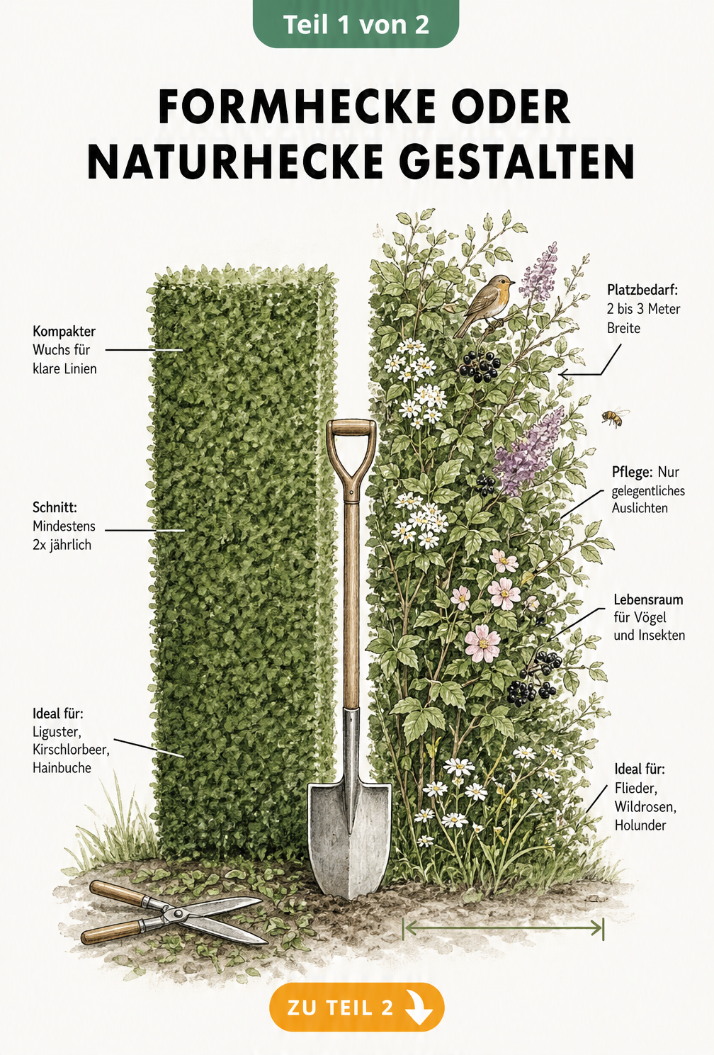 Vergleich zwischen einer exakt geschnittenen Formhecke und einer frei wachsenden Naturhecke mit Spaten in der Mitte