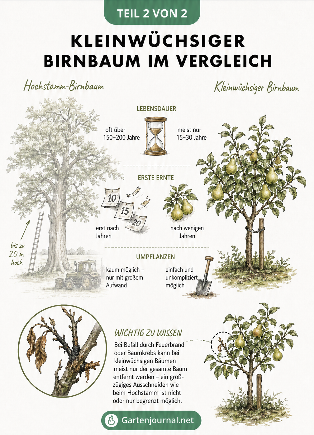 Vergleich zwischen einem großen Hochstamm-Birnbaum und einem kleinwüchsigen Birnbaum bezüglich Lebensdauer, Erntezeitpunkt und Pflegeaufwand.