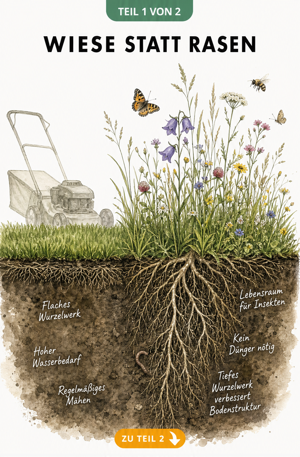 Schnittzeichnung Boden: Vergleich von kurzem Rasen mit flachen Wurzeln und hoher Blumenwiese mit tiefem Wurzelwerk
