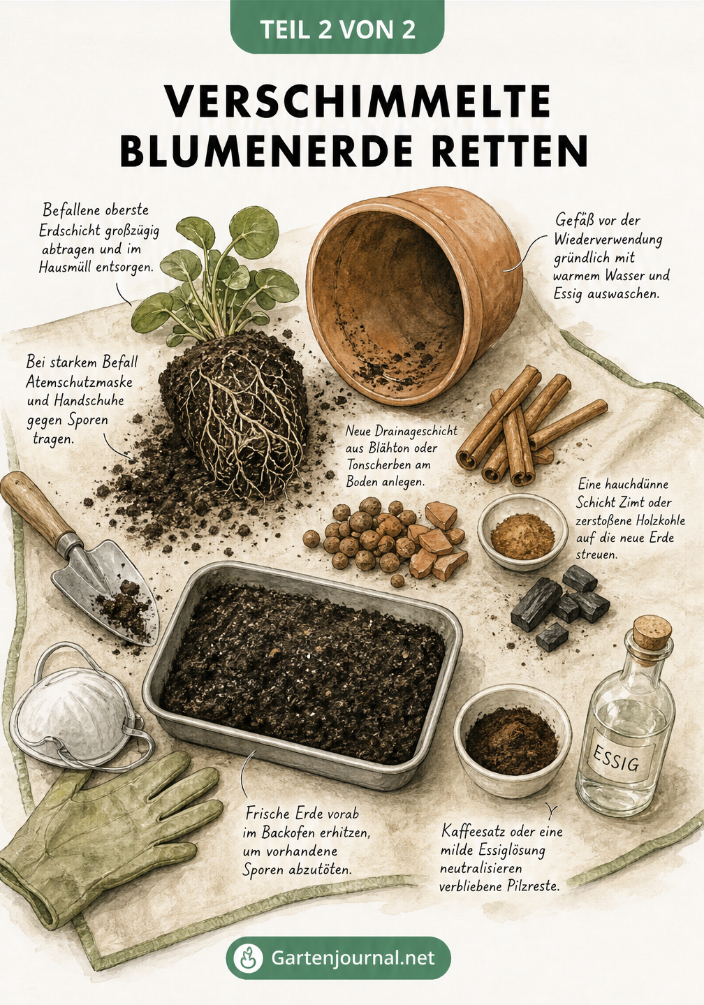 Arbeitsfläche mit Tontopf, Pflanze mit freigelegtem Wurzelballen und Hausmitteln wie Zimt und Holzkohle zur Behandlung von verschimmelter Blumenerde.