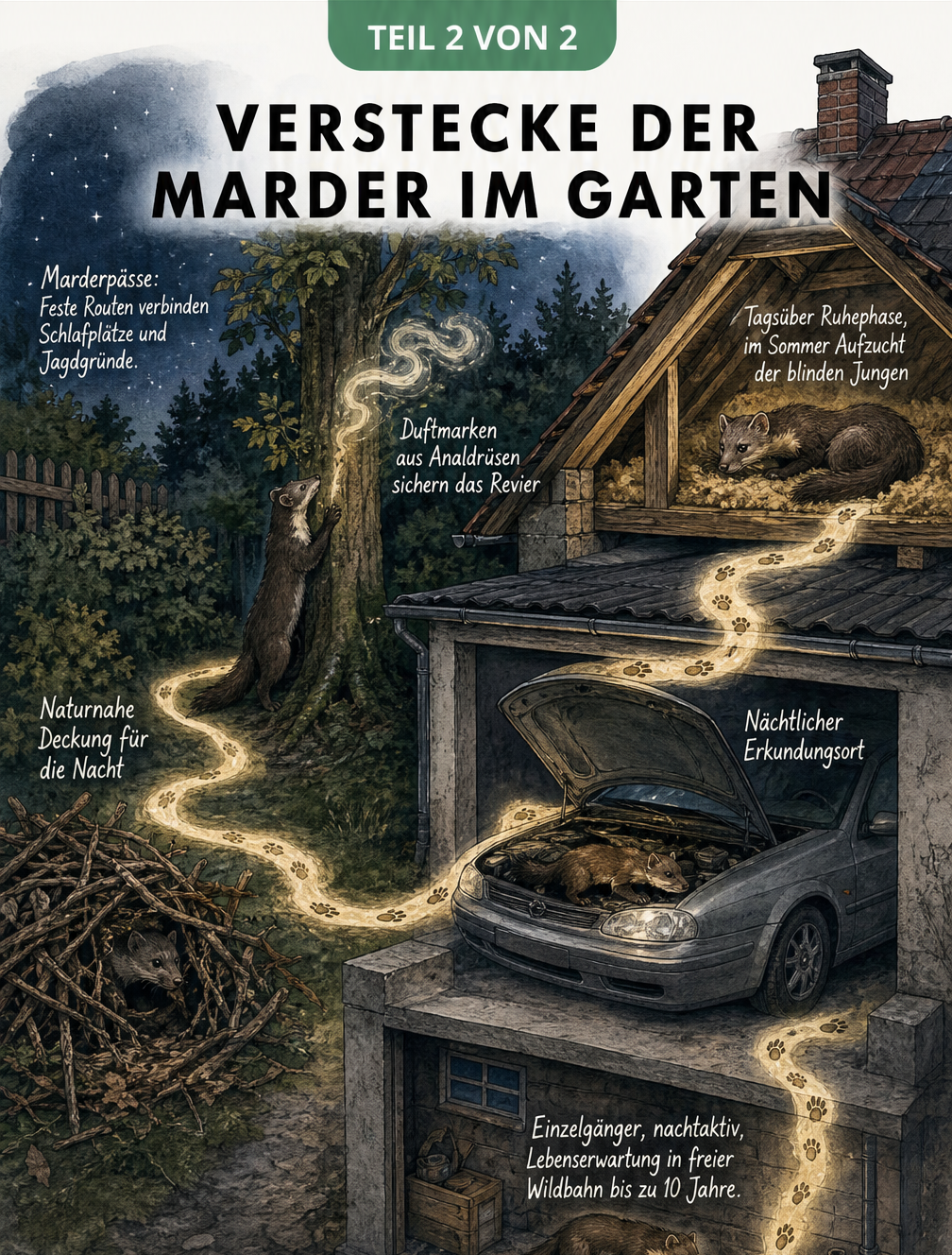 Querschnitt eines Grundstücks mit den nächtlichen Laufwegen und Verstecken eines Steinmarders