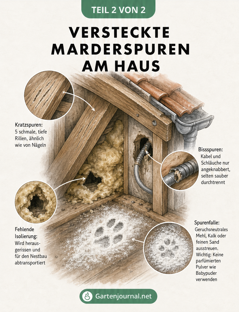 Versteckte Marderspuren am Haus wie Kratzer, Bissspuren und kaputte Isolierung