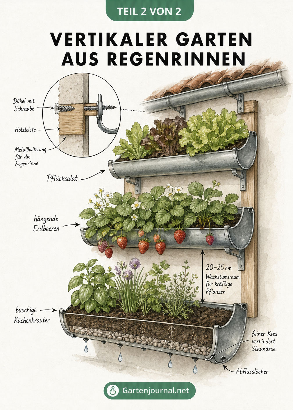Illustration eines vertikalen Gartens aus drei übereinander angebrachten Regenrinnen an einer Hauswand mit Pflücksalat und Erdbeeren