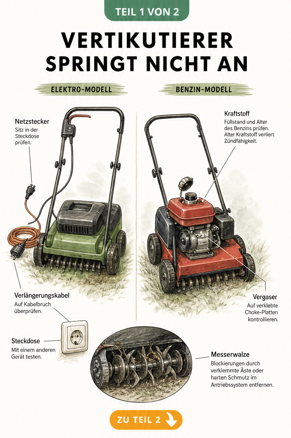Illustration von Elektro- und Benzin-Vertikutierern mit Hinweisen zur Fehlersuche wie Kabelprüfung, Tankfüllstand und Messerwalze