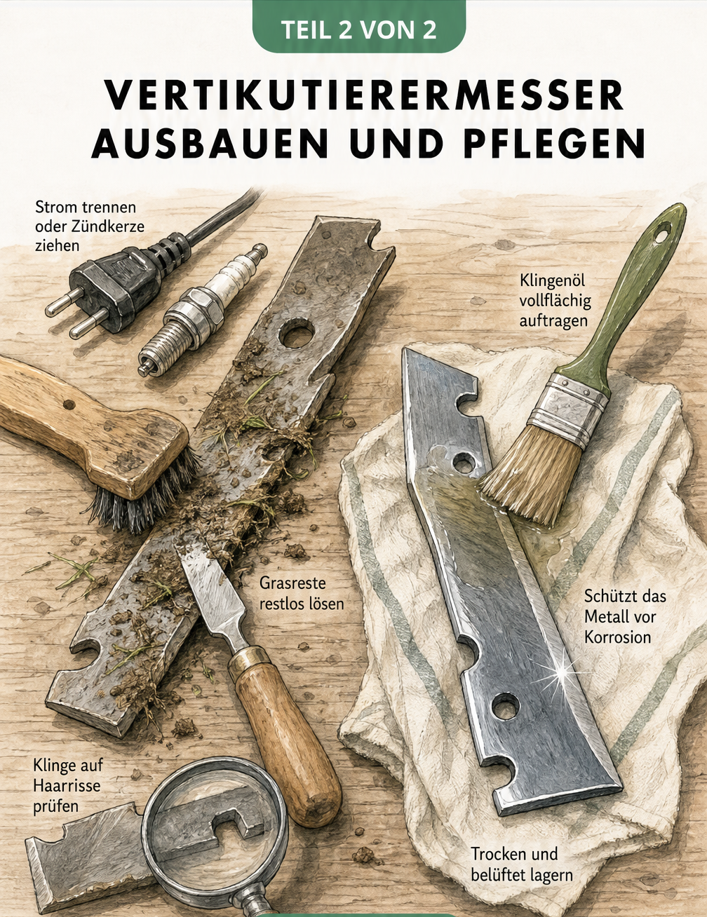 Vertikutierermesser reinigen, auf Risse prüfen und nach dem Schärfen mit Klingenöl pflegen