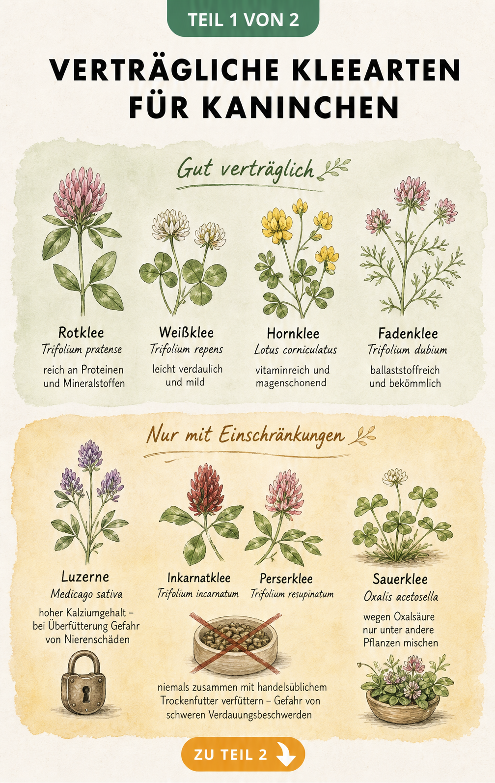 Infografik zu verträglichen Kleearten für Kaninchen mit Hinweisen zu Rotklee, Weißklee, Hornklee und eingeschränkt geeigneten Sorten