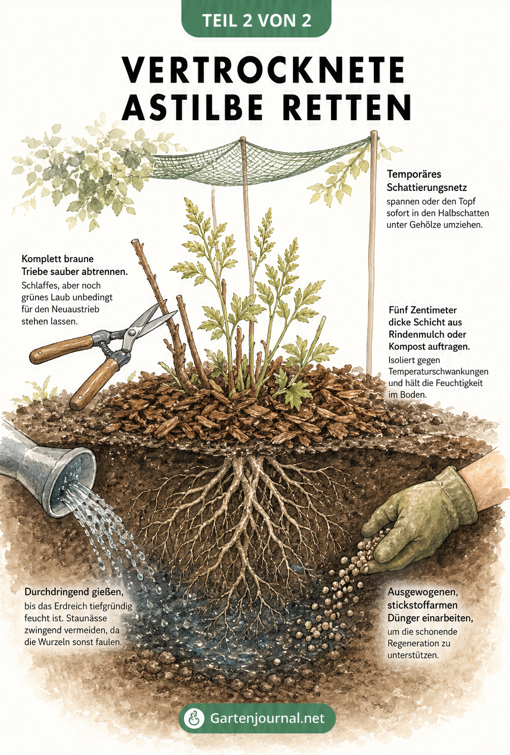 Illustration eines Erdquerschnitts mit einer Astilbe und Maßnahmen zur Rettung bei Trockenheit