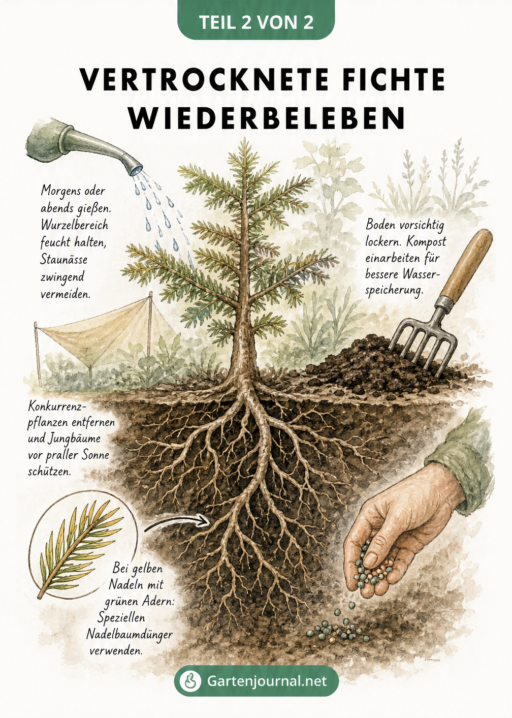 Erdschnitt-Illustration einer Fichte, die Maßnahmen zur Wiederbelebung wie richtiges Gießen, Bodenlockerung und Düngung bei Magnesiummangel zeigt.