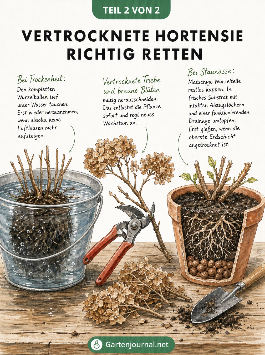 Illustration zur Rettung einer vertrockneten Hortensie: Tauchbad im Eimer, Rückschnitt mit Gartenschere und Umtopfen in frische Erde