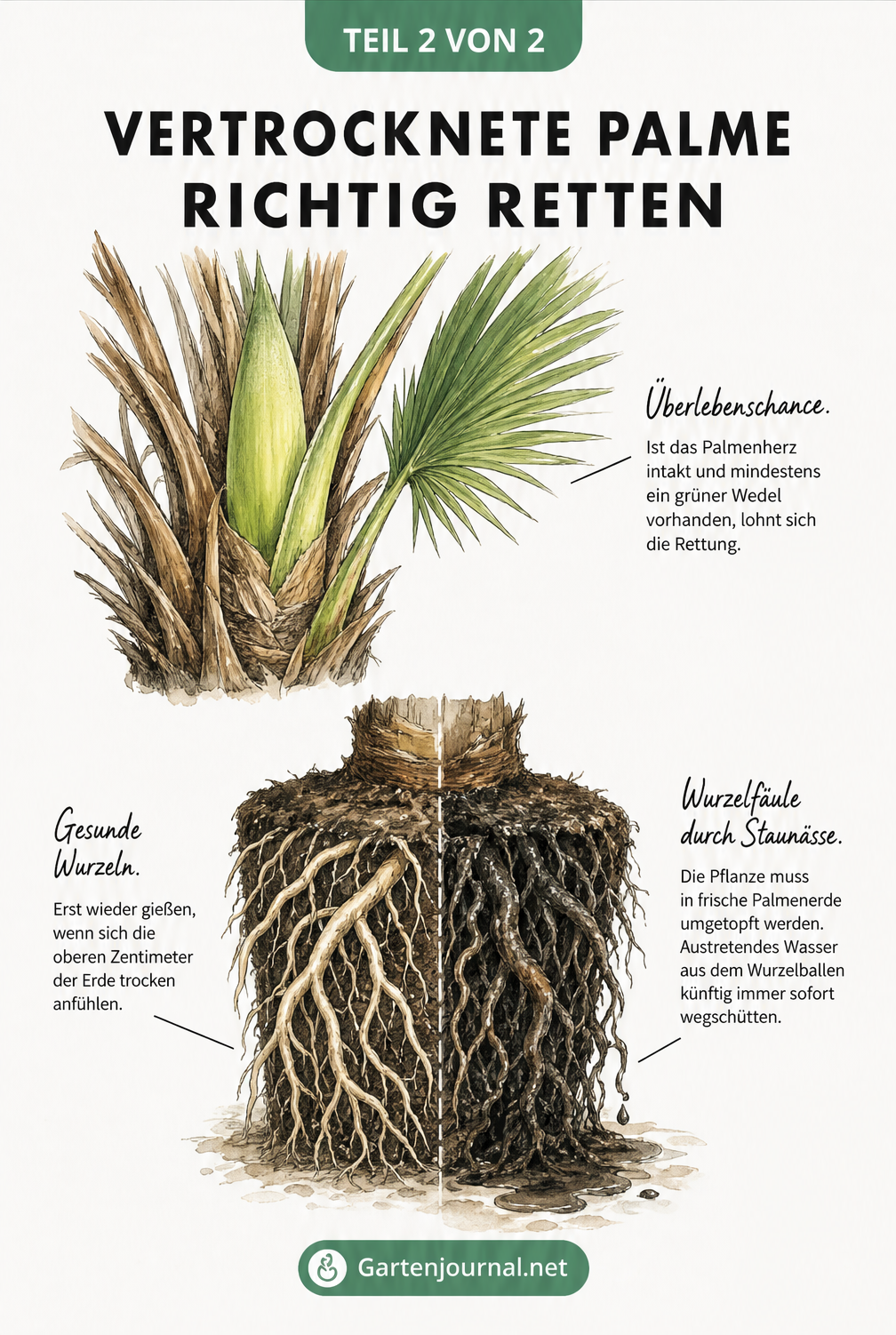 Illustration einer Palmenkrone mit intaktem Palmenherz und Wurzelballen mit gesunden sowie verfaulten Wurzeln