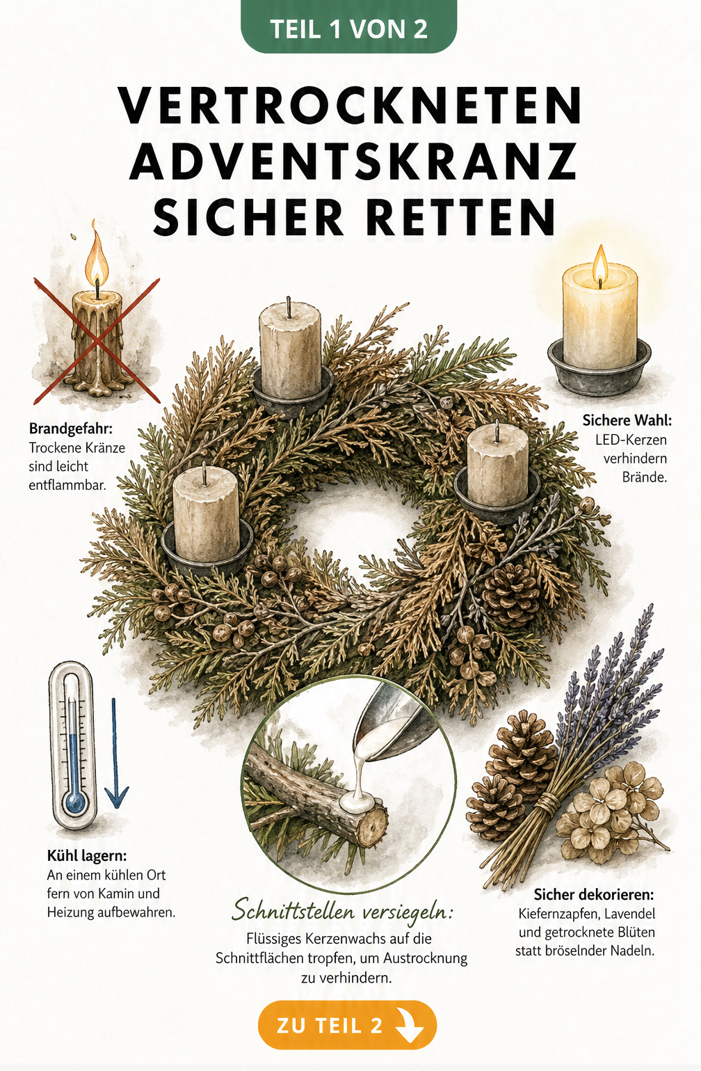 Illustration eines leicht bräunlichen Adventskranzes mit LED-Kerze, unbrennbaren Naturmaterialien und Wachsversiegelung