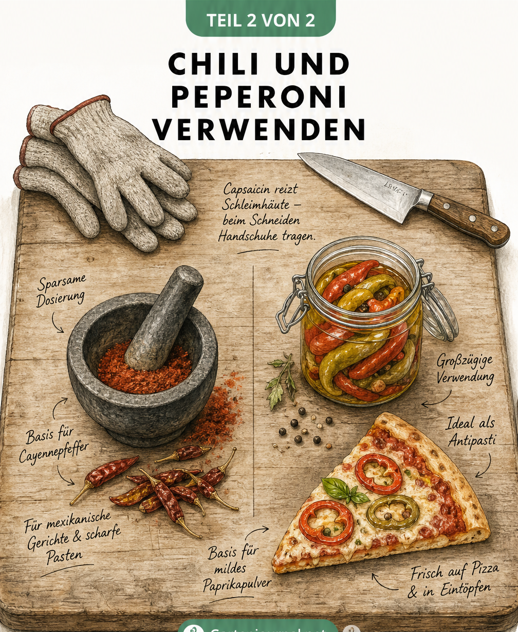 Illustration eines Holzschneidebretts mit Chili im Mörser und Peperoni im Einmachglas