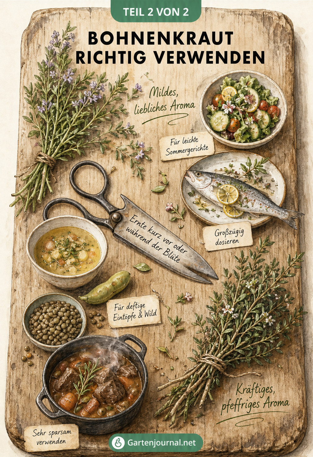 Illustration von Sommerbohnenkraut und Bergbohnenkraut auf einem Holzbrett mit passenden Gerichten wie Salat und Eintopf