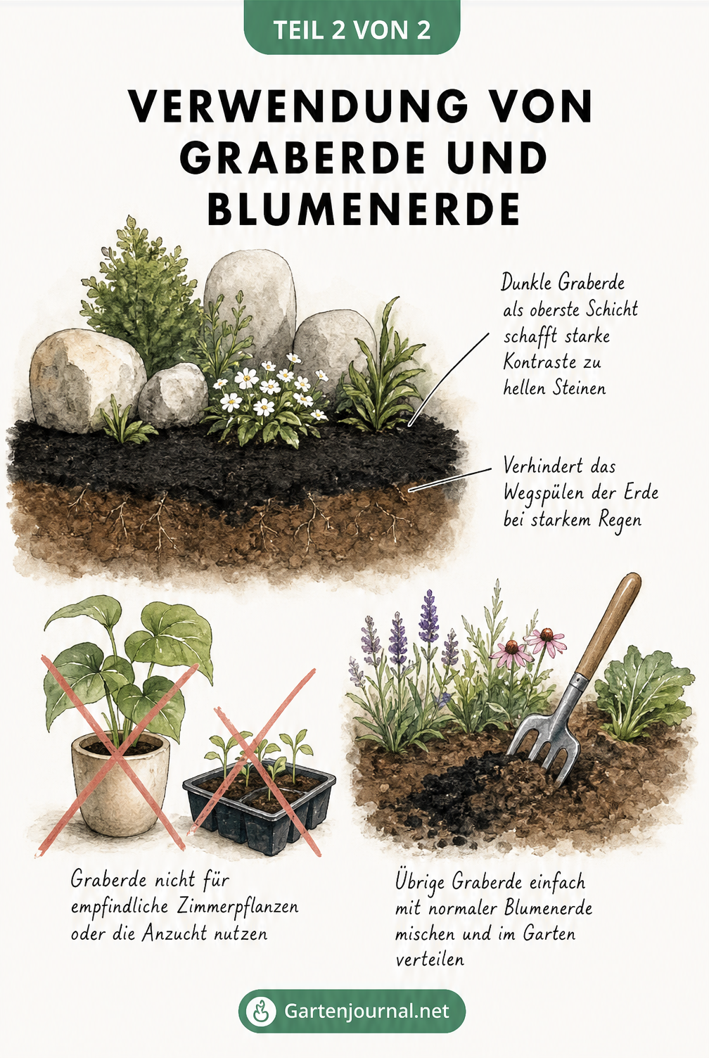 Illustration zur Verwendung von Graberde auf Gräbern und der Resteverwertung im Garten