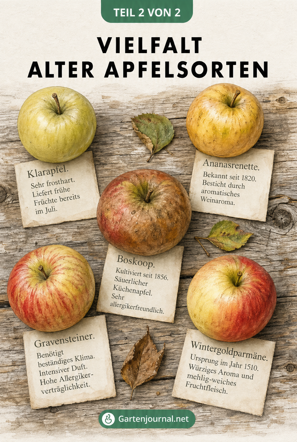 Aquarell-Illustration von fünf verschiedenen alten Apfelsorten auf einem Holztisch mit Etiketten.