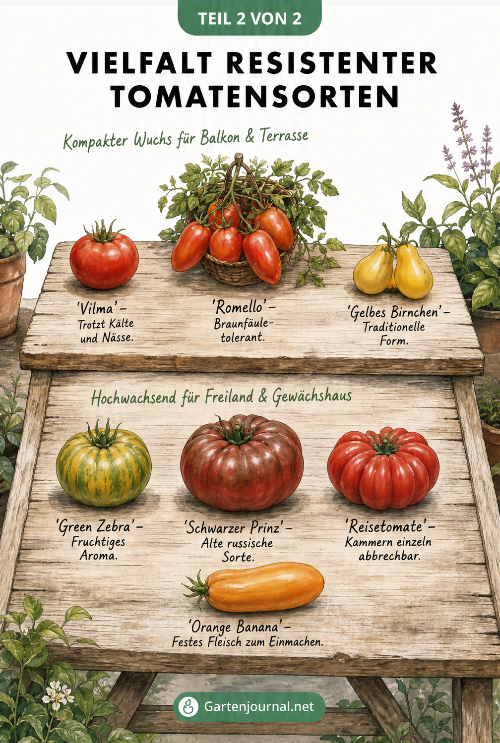 Illustration verschiedener resistenter Tomatensorten auf einem Pflanztisch, unterteilt in kompakte Sorten für den Balkon und hochwachsende für das Freiland