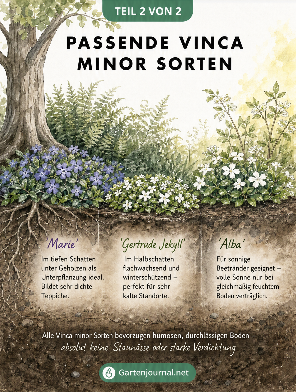 Gartenquerschnitt mit Vinca minor Sorten an verschiedenen Standorten von Schatten bis Sonne