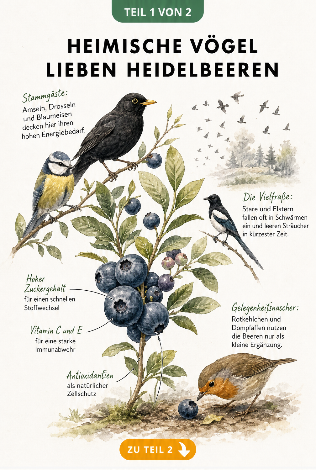 Botanische Illustration eines Heidelbeerzweigs mit Amsel, Blaumeise, Rotkehlchen und Nährwerten für Vögel
