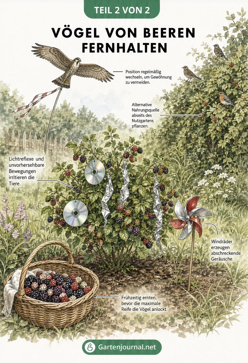 Gartenlandschaft mit Beerenbeet, Greifvogel-Drachen, spiegelnden CDs und einer Hecke im Hintergrund