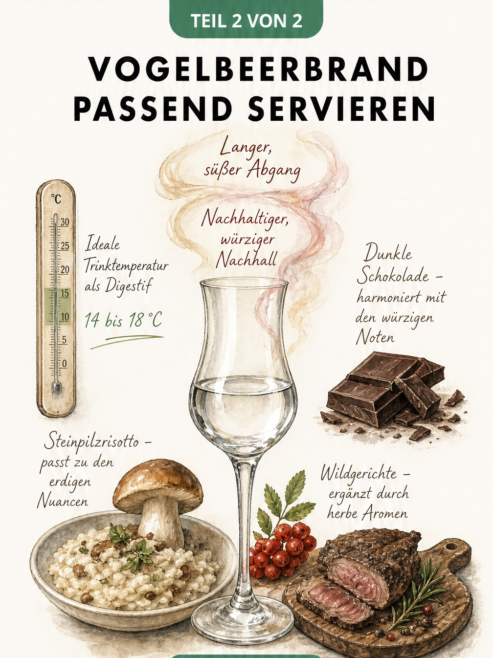 Gemaltes Digestif-Glas mit Aromawolken, Thermometer und passenden Speisen wie dunkler Schokolade und Steinpilzrisotto