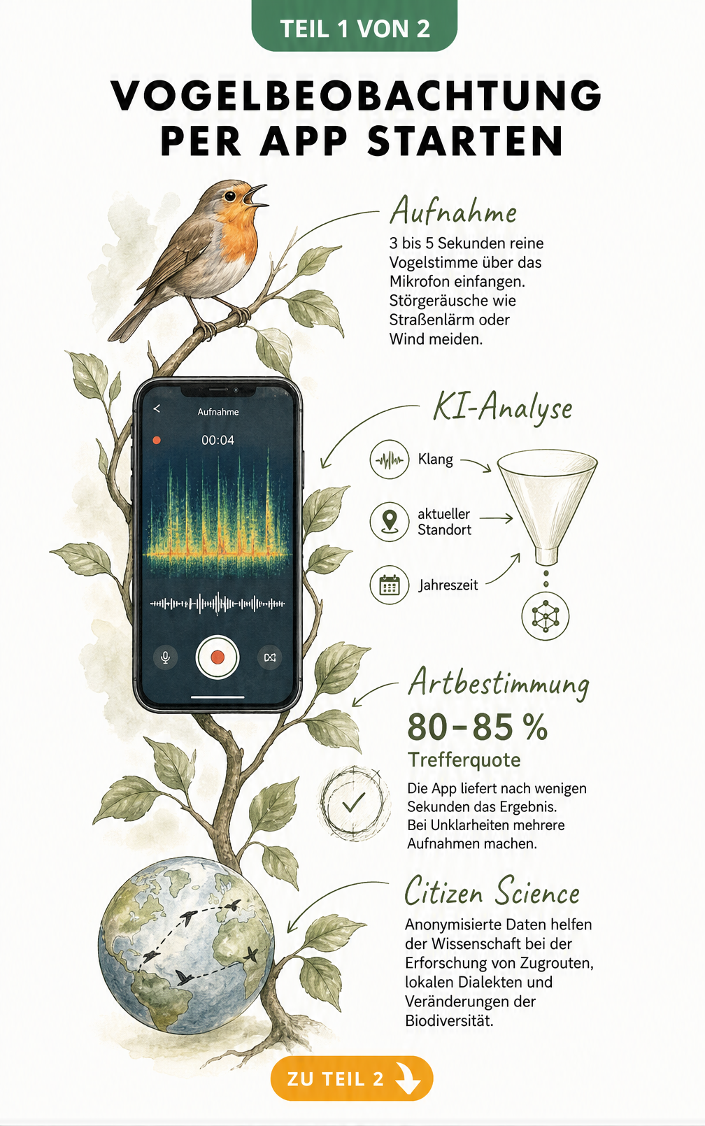 Illustration eines Smartphones mit Spektrogramm und einem Ast, der die Phasen der Vogelbeobachtung per App zeigt: Aufnahme, KI-Analyse, Artbestimmung und...