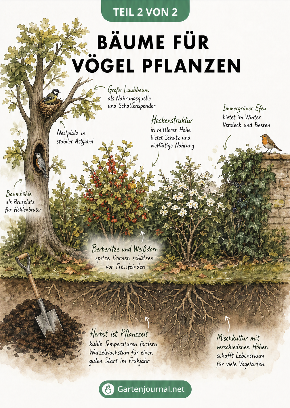 Gartenquerschnitt mit Laubbaum, Hecke aus Berberitze und Weißdorn sowie Efeu an einer Mauer als Lebensraum für Vögel