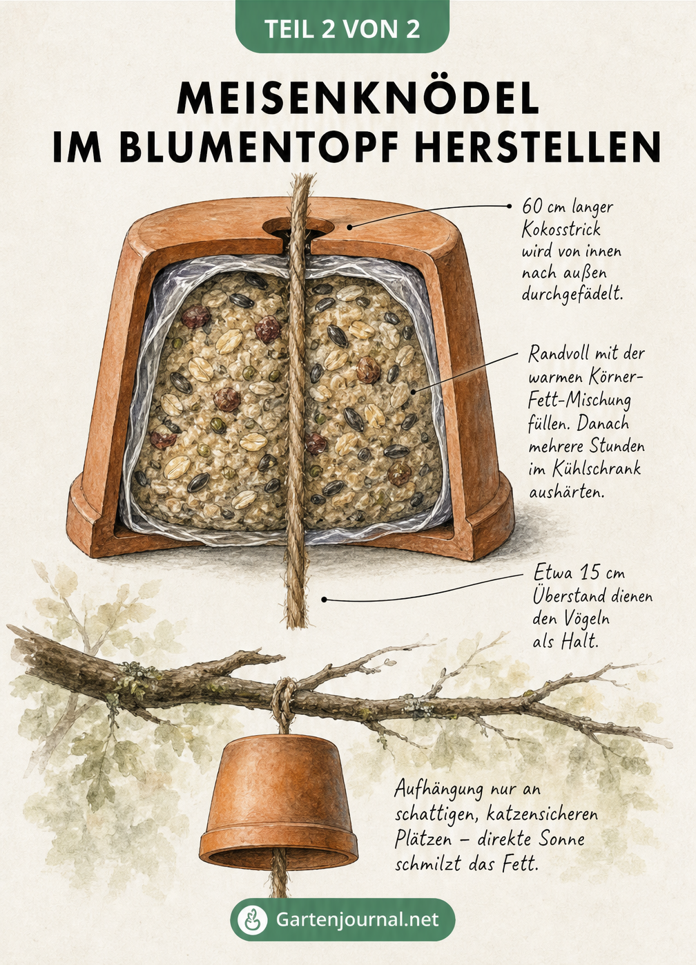 Querschnitt-Zeichnung eines Blumentopfs gefüllt mit Vogelfutter und einem Kokosstrick