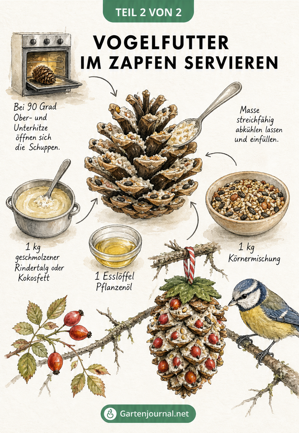 Rezept-Skizze: Ein geöffneter Kiefernzapfen wird mit einer Mischung aus Fett und Körnern gefüllt, um als Vogelfutter zu dienen.