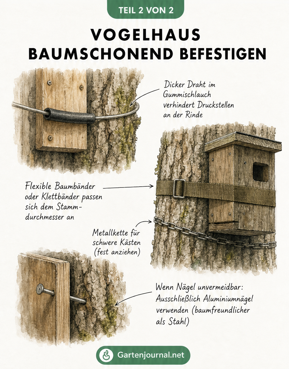 Detailzeichnungen zur baumschonenden Befestigung eines Vogelhauses mit Draht, Baumband und Aluminiumnägeln