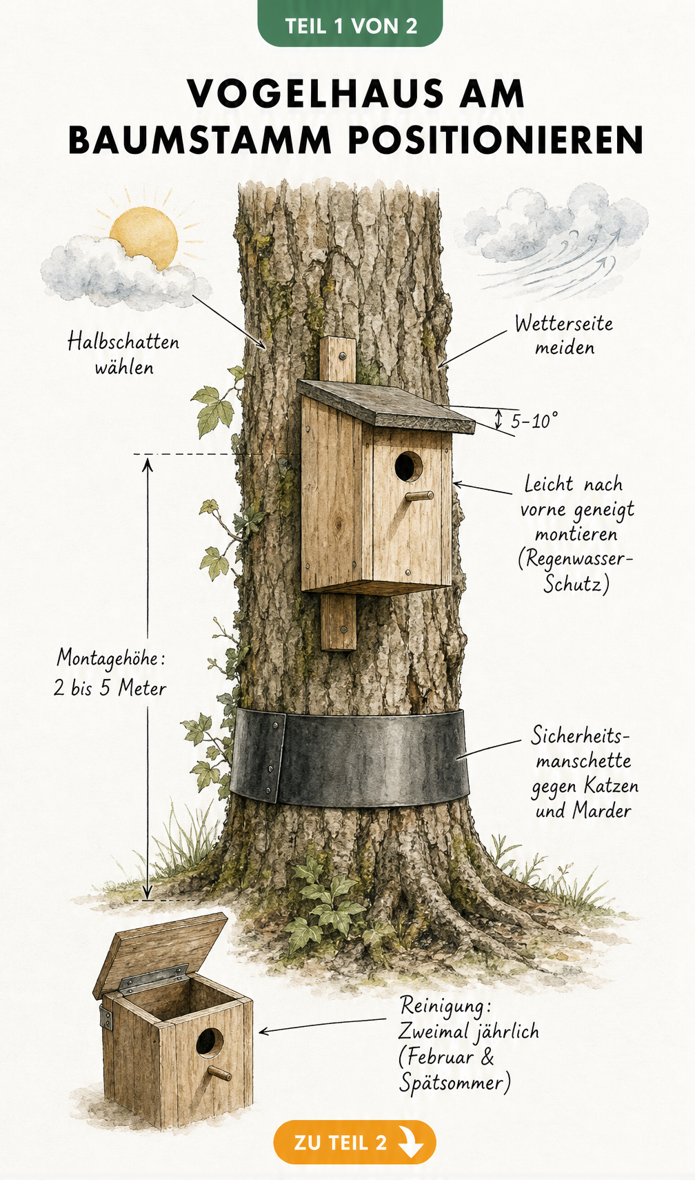 Illustration eines Vogelhauses am Baumstamm mit Hinweisen zu Montagehöhe, Ausrichtung und Schutzmanschette