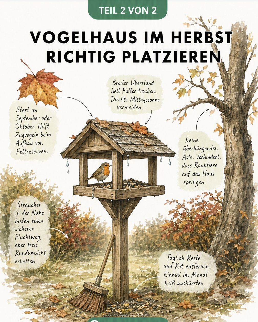 Herbstliche Gartenszene mit einem Vogelhaus auf einem Pfahl und Tipps zur richtigen Platzierung