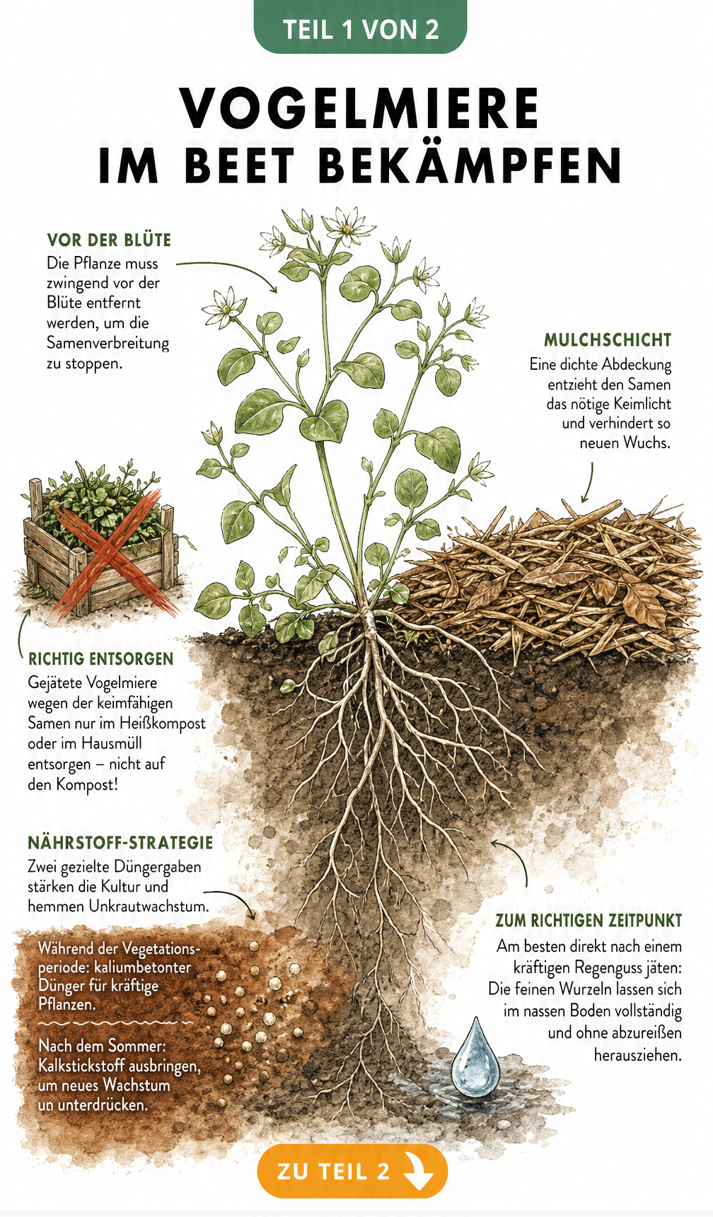 Botanische Querschnitt-Illustration eines Gemüsebeets mit Vogelmiere, die Jäten nach Regen, Mulchen und Düngung zeigt