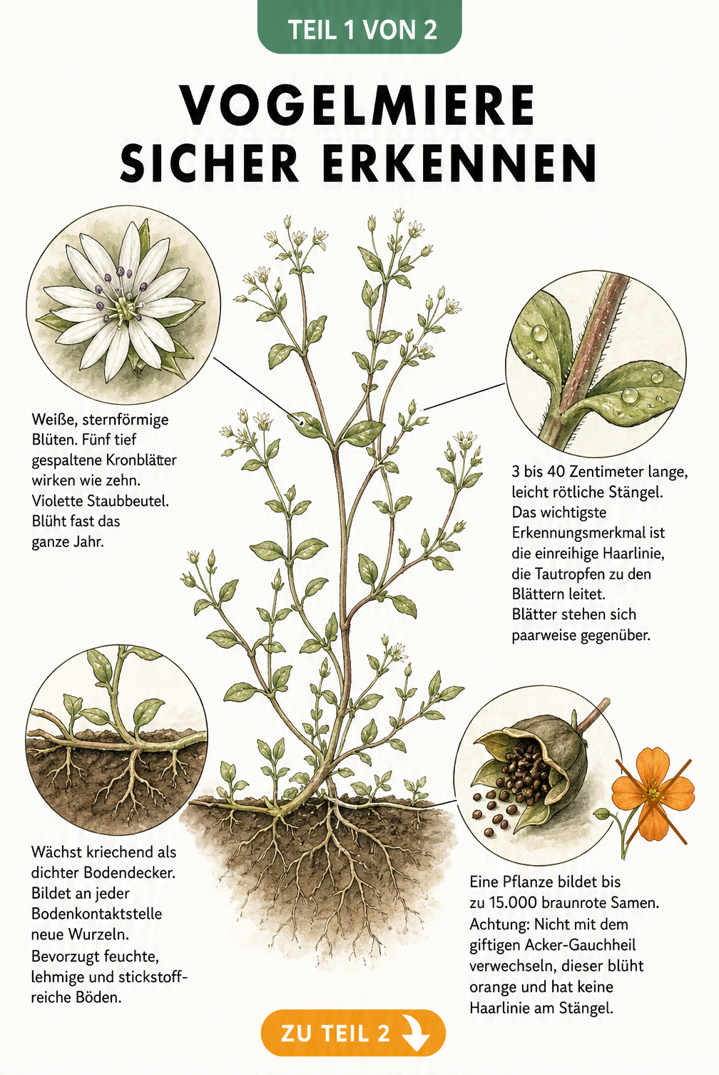 Botanische Illustration der Vogelmiere mit Details zu Blüte, Stängel, Wurzeln und Samen