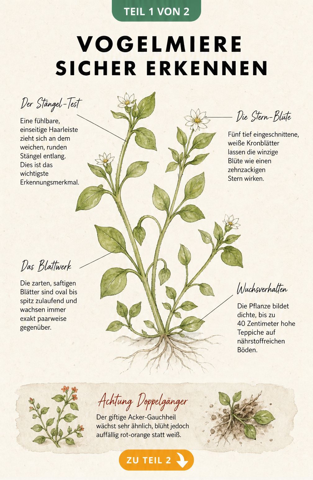 Botanische Illustration der Vogelmiere mit Erkennungsmerkmalen wie Stängel, Blüte und Blättern sowie dem giftigen Doppelgänger Acker-Gauchheil.
