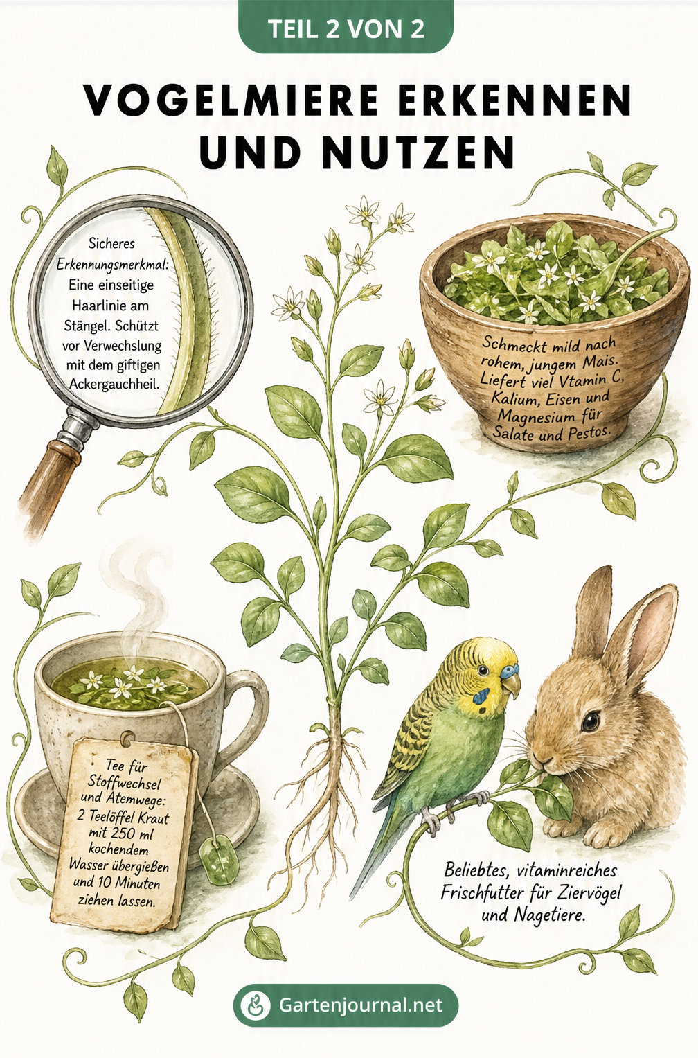 Aquarell-Illustration einer Vogelmiere-Pflanze mit Details zu Erkennungsmerkmalen, Verwendung in der Küche, als Tee und als Futterpflanze