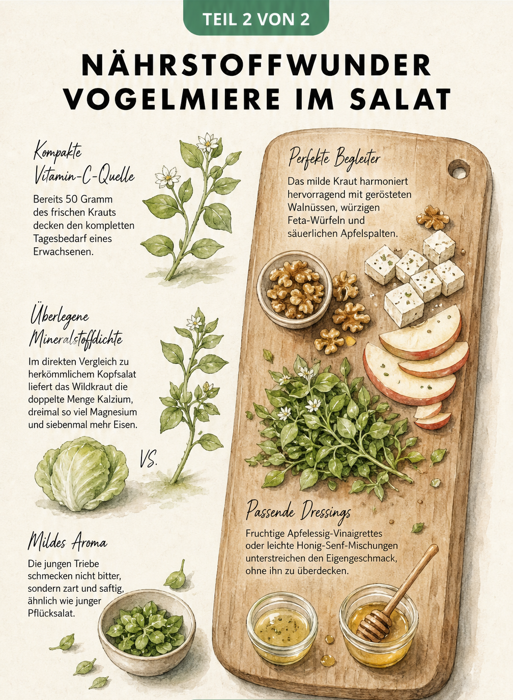 Vergleich der Nährwerte von Vogelmiere und Kopfsalat sowie passende Zutaten für einen Wildkräutersalat.