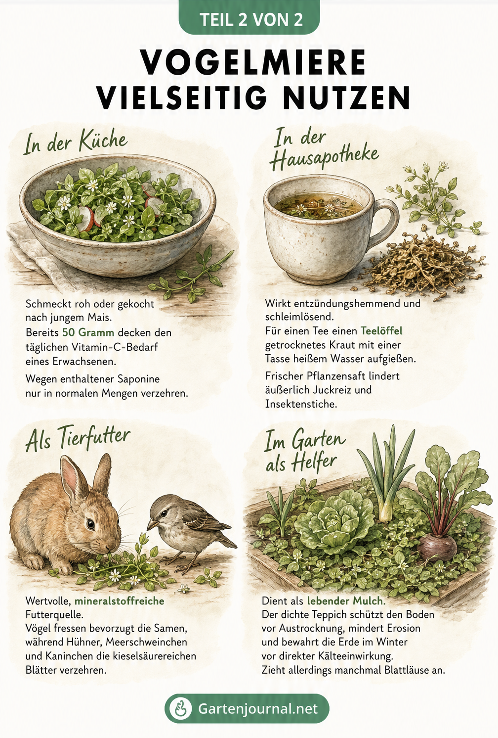 Illustrationen zur Nutzung von Vogelmiere in Küche, Hausapotheke, als Tierfutter und Gartenhelfer