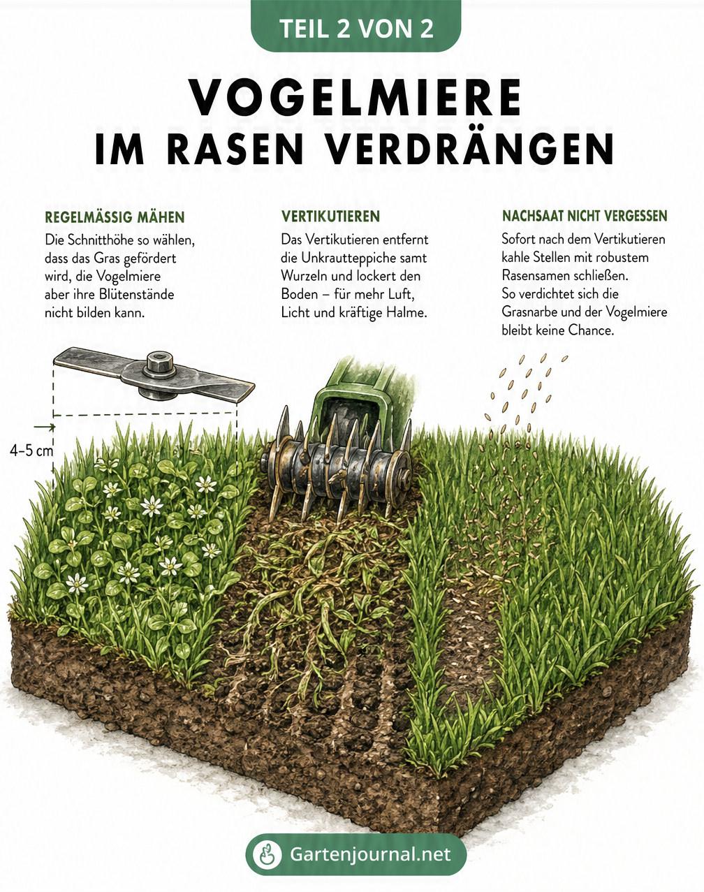 Isometrische Darstellung eines Rasens, die Mähen, Vertikutieren und Nachsäen gegen Vogelmiere zeigt
