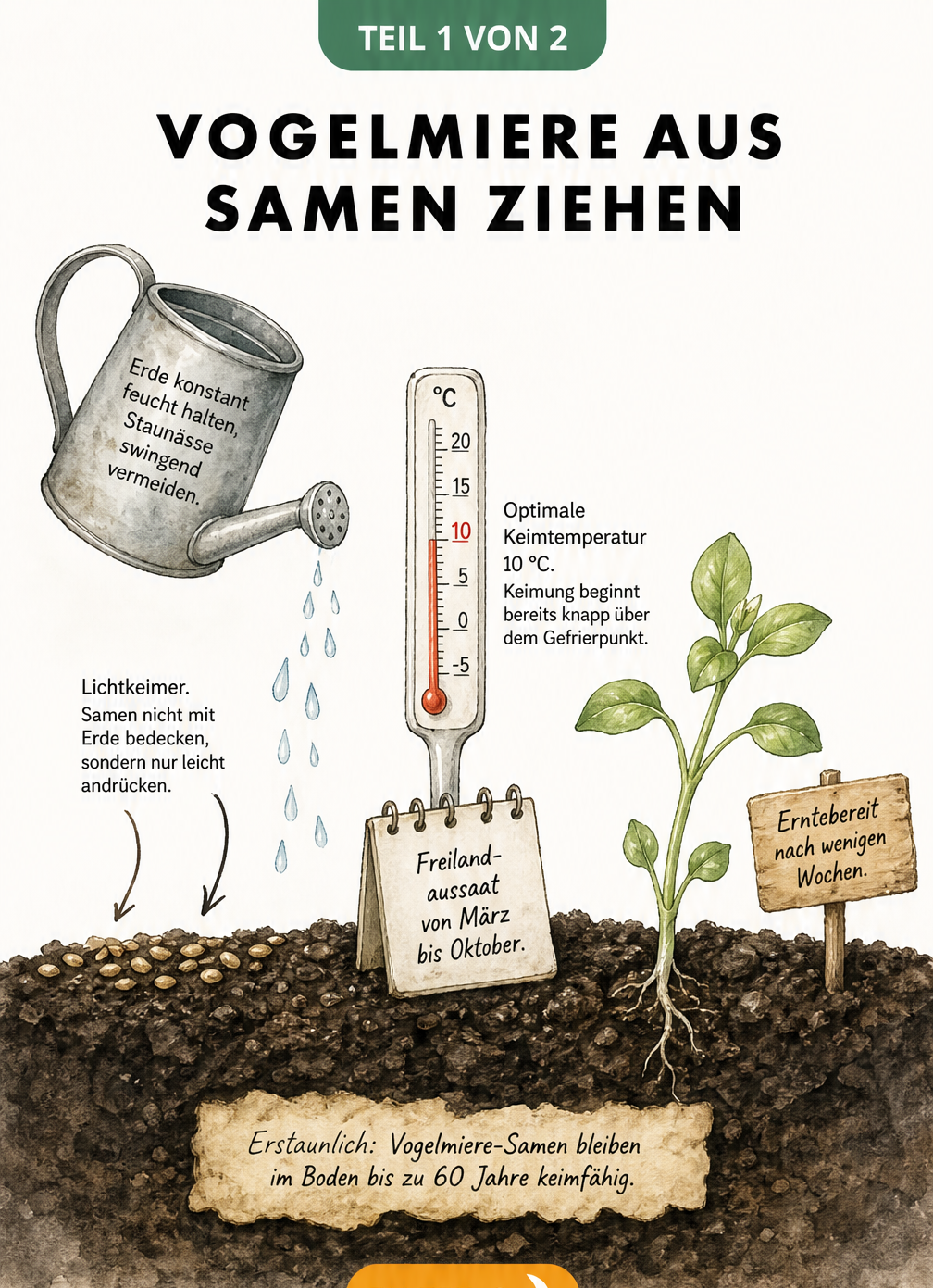 Illustration des Wachstums von Vogelmiere vom Samen bis zum Keimling mit Hinweisen zu Aussaat und Keimtemperatur