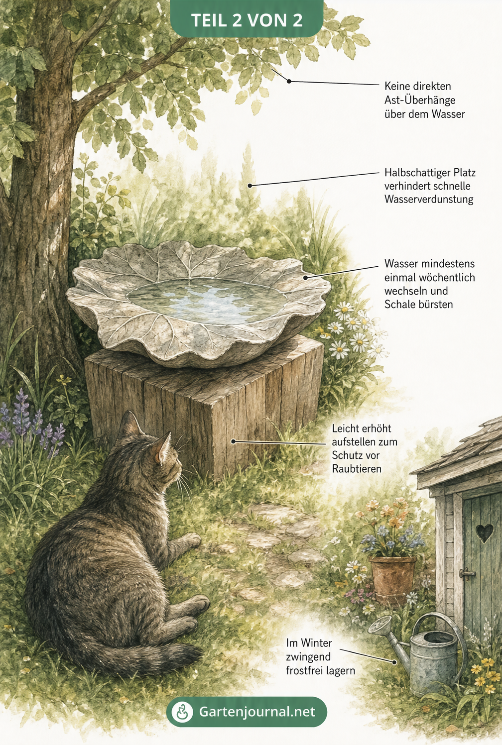 Illustration einer blattförmigen Beton-Vogeltränke auf einem Holzsockel im Halbschatten eines Baumes