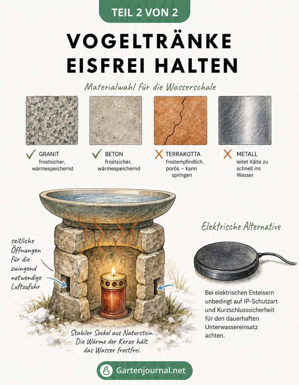 Skizze einer DIY-Heizkonstruktion für Vogeltränken mit Grabkerze im Sockel und Materialproben von Granit, Beton, Terrakotta und Metall.