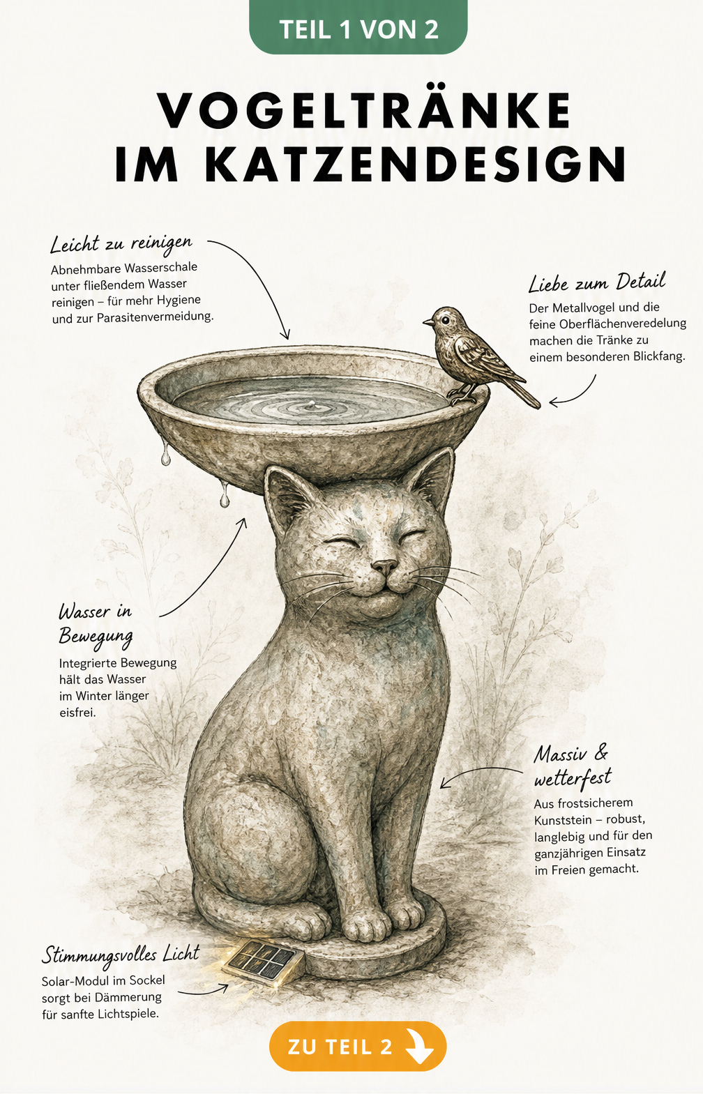 Skizze einer Vogeltränke in Form einer sitzenden Katze aus Kunststein mit abnehmbarer Wasserschale und Solarmodul