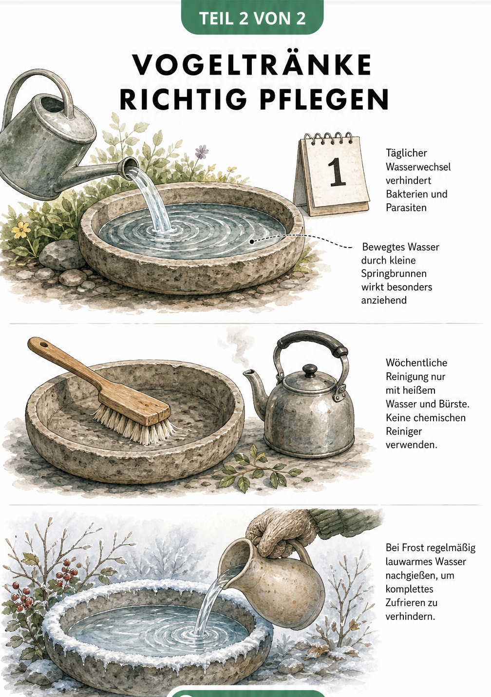 Illustration zur Pflege einer Vogeltränke mit Gießkanne, Bürste und Hinweisen zur Reinigung