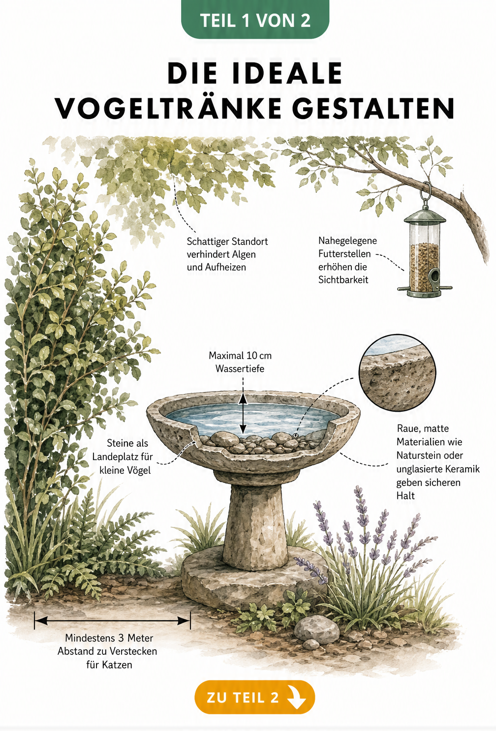 Querschnitt einer Vogeltränke im Garten mit Hinweisen zu Standort, Wassertiefe und Material