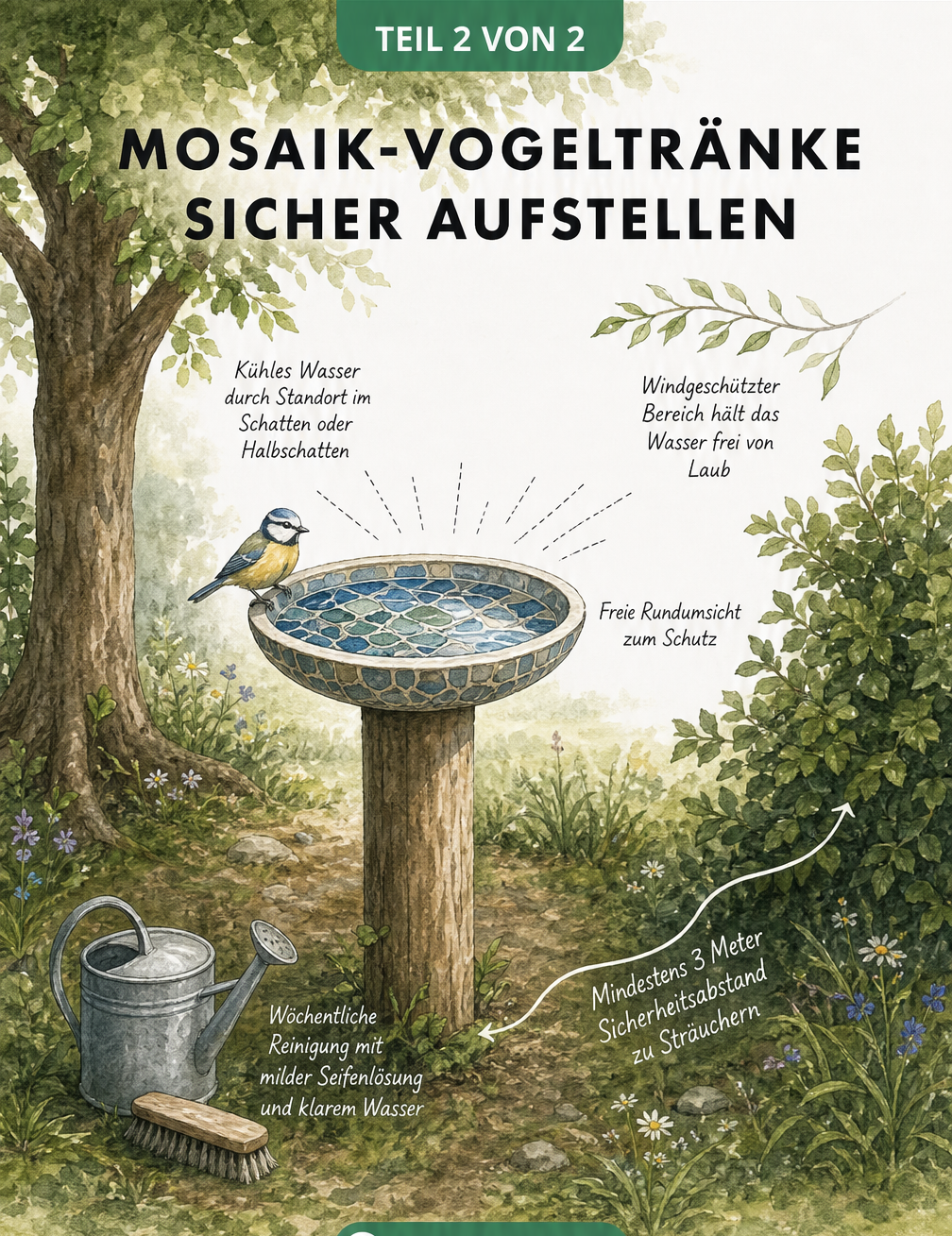 Illustration einer Mosaik-Vogeltränke im Garten mit Hinweisen zu Standort und Reinigung